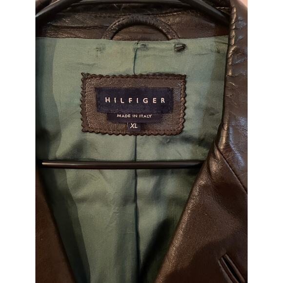 Hilfiger Made in Italy XL Brown Leather Blazer Jacket Men Vintage 3-Button Coat - Picture 2 of 10
